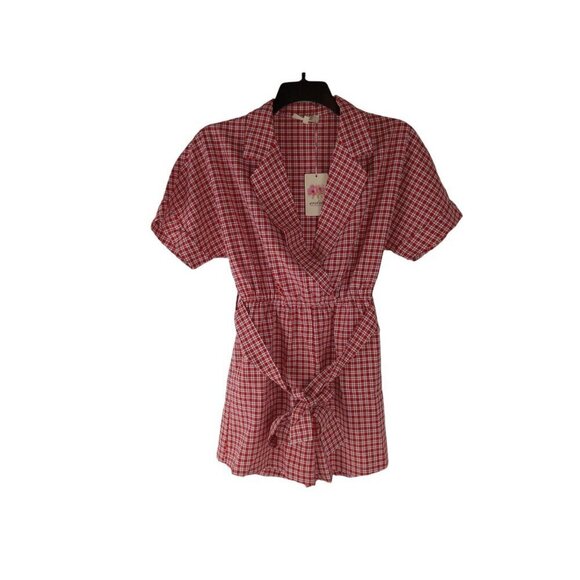 Entro Pants - Entro Womens Romper Red Short Sleeve Surplice V-NECK Plaid Belted Woven S NWT